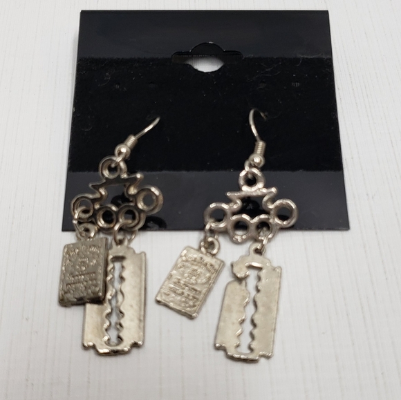 Razor Blade Jack Daniels Silver Tone Earrings - Picture 7 of 9